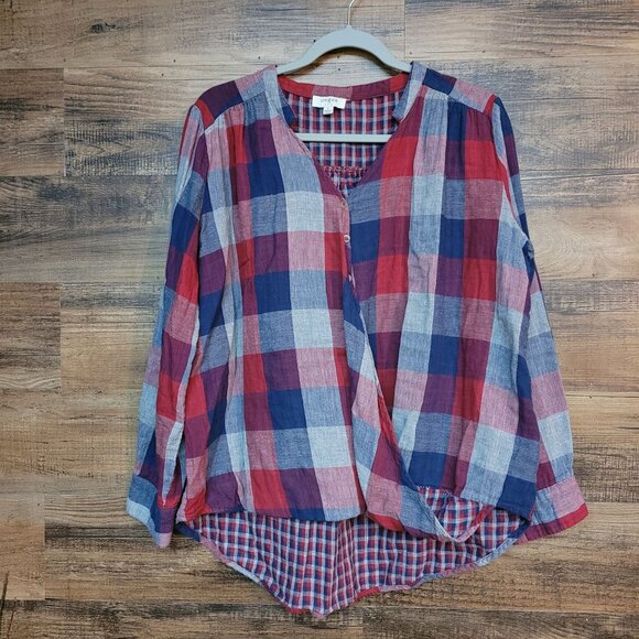 Umgee Surplice Top L Plaid Tab Sleeve Pleated Hi Low Hem Red Blue Gray Lagenlook - Picture 1 of 10